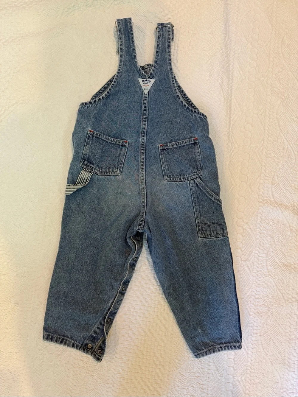 Vtg 90s OshKosh Denim Overalls 4T Striped Pocket Detail Snap Leg Philippines